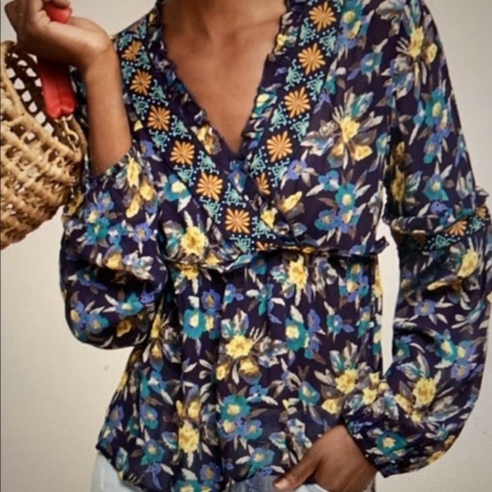 Meadow Rue by Anthropologie Navy Sheer Embroidered V Neck Blouse